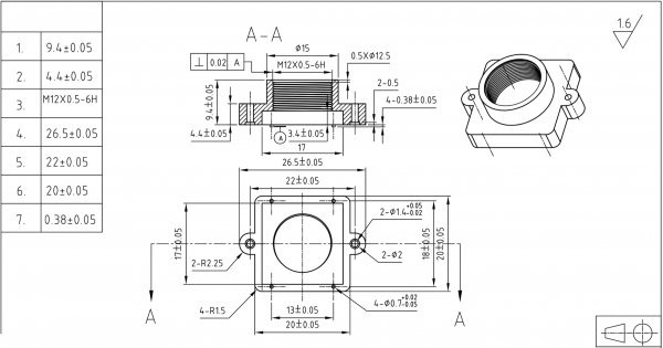 Objektivhalterung Lensholder M12x0,5 22/9,4